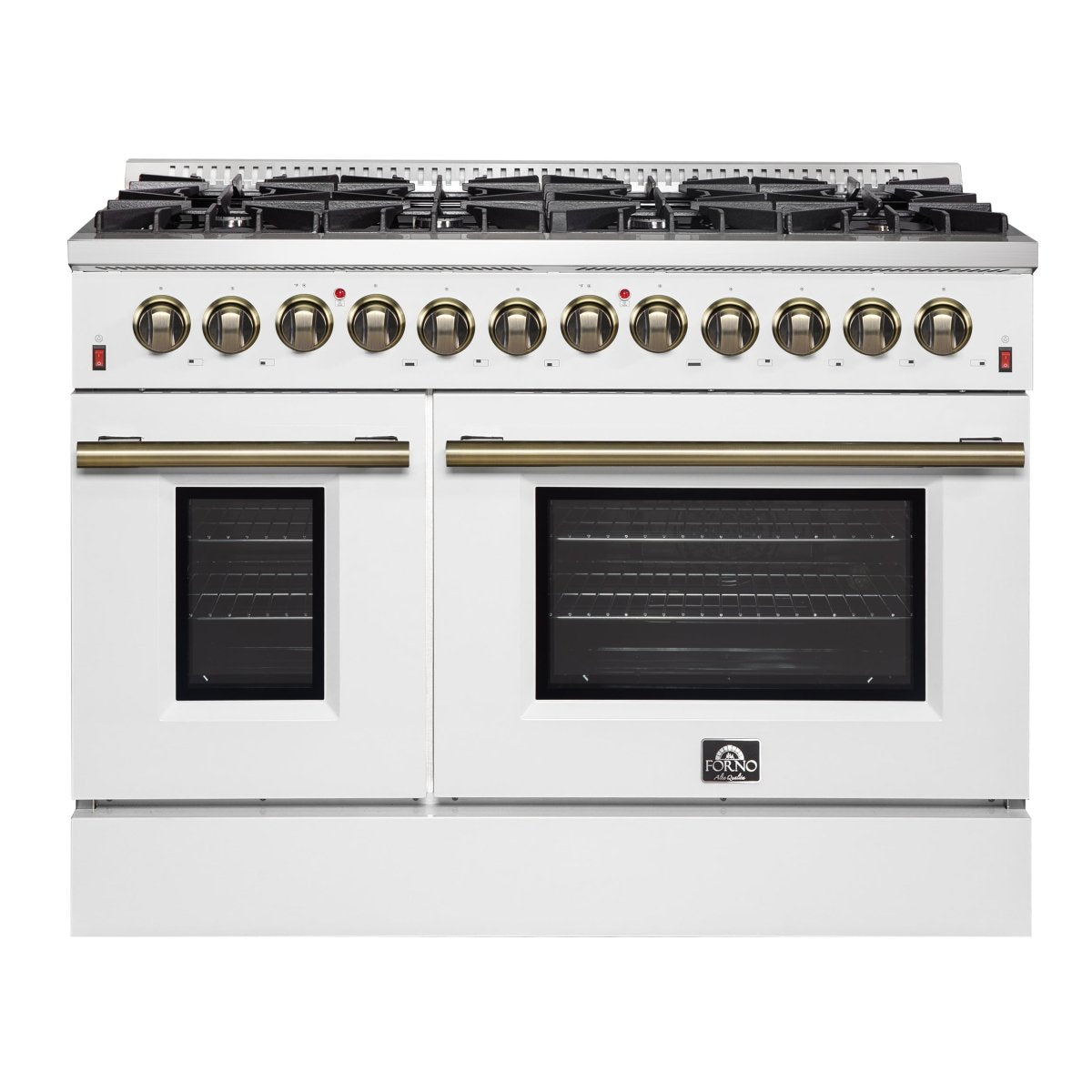 Galiano 48-inch Dual Fuel Range White & Antique Brass Design with 8 Sealed Burners 107,000 BTU, 6.58 cu. ft. double ovens & Griddle - BonPrix Électroménagers