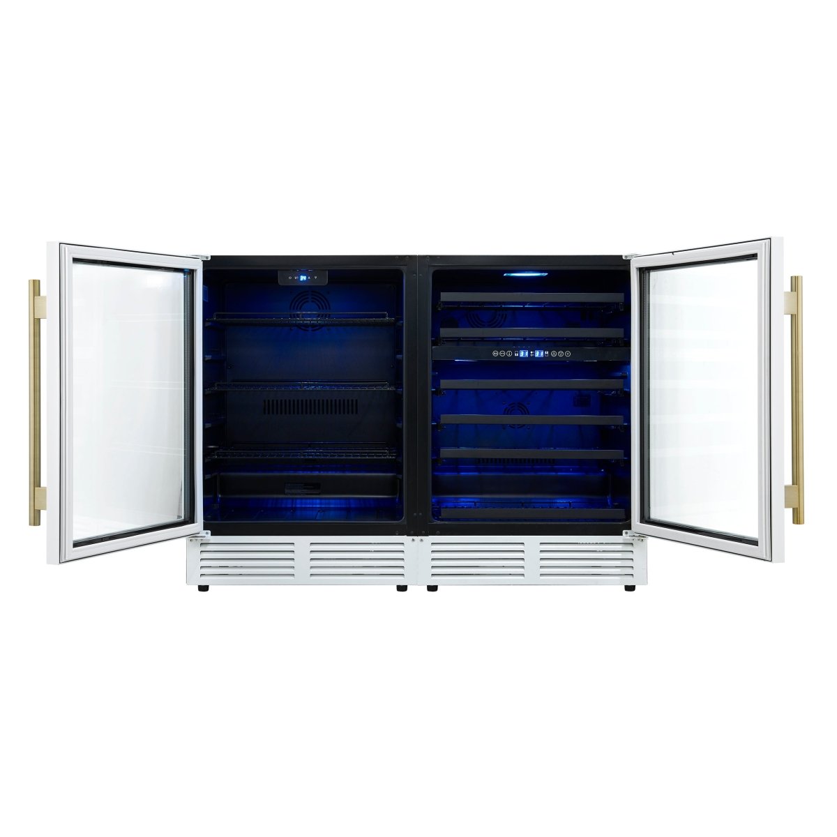 Gemello 48 Inch Side-by-Side Wine and Beverage Cooler in White with Antique Brass Handles, French Door, 9.6 cu. ft. - BonPrix Électroménagers