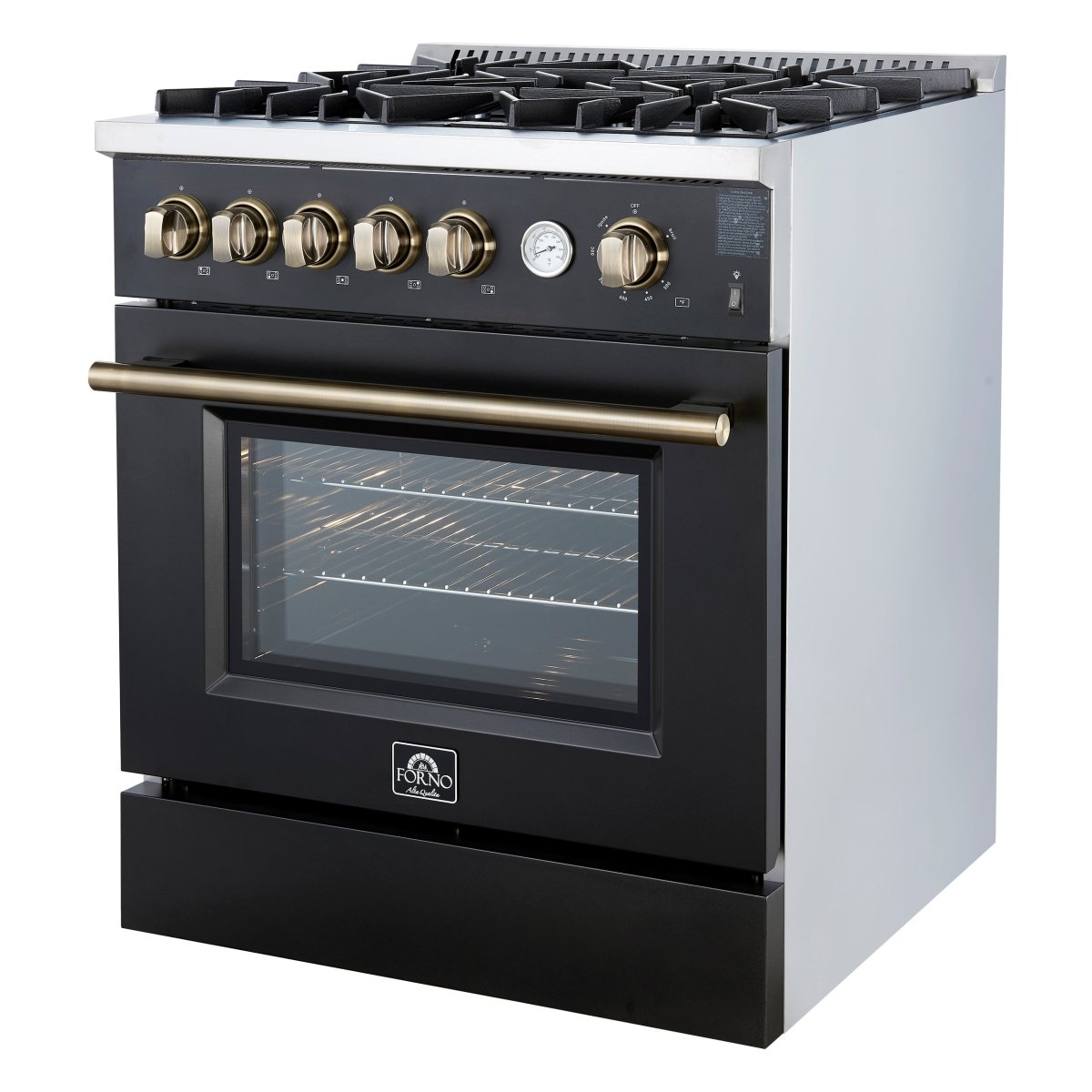 Giovanni 30-inch Gas Range Black & Antique Brass Design, 5 Burners 67,000 BTU, 4.32 cu.ft. Convection Oven - BonPrix Électroménagers