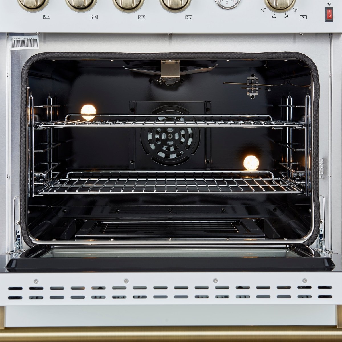 Marco 30-inch Gas Range White & Antique Brass Design, 4 Burners 37,000 BTU, 4.32 cu.ft. Convection Oven - BonPrix Électroménagers