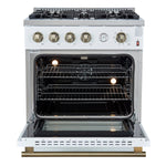 Marco 30-inch Gas Range White & Antique Brass Design, 4 Burners 37,000 BTU, 4.32 cu.ft. Convection Oven - BonPrix Électroménagers