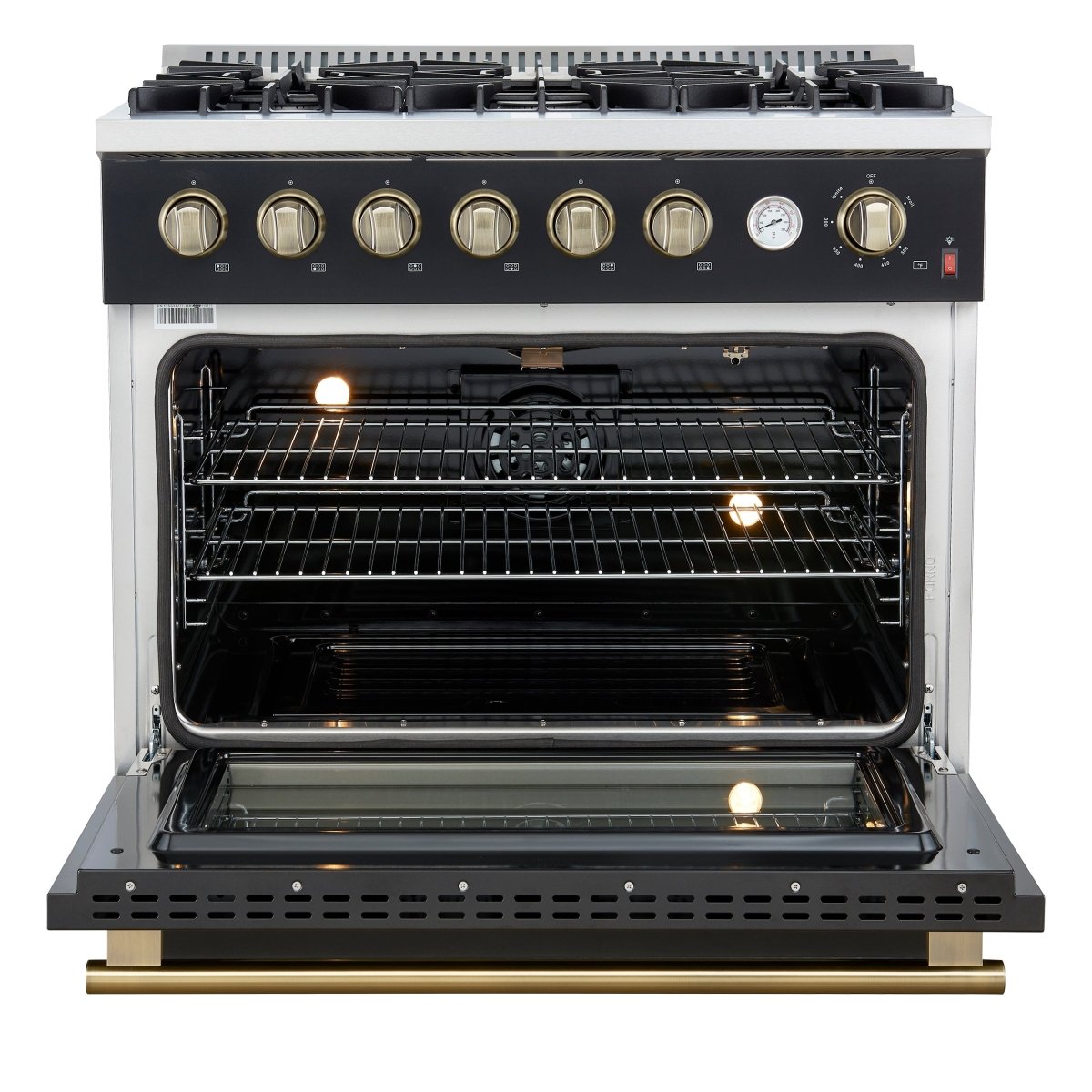 Marco 36-Inch Gas Range Black & Antique Brass Design, 6 Burners 67,000 BTU, 5.36 cu.ft. Convection Oven - BonPrix Électroménagers