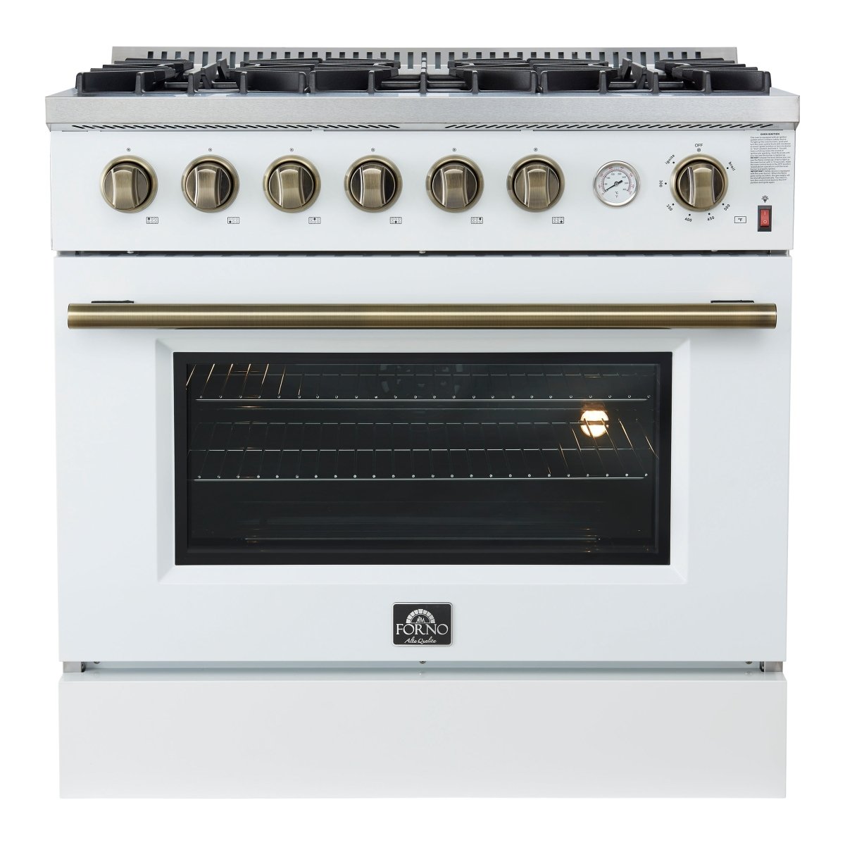 Marco 36-Inch Gas Range White & Antique Brass Design, 6 Burners 67,000 BTU, 5.36 cu.ft. Convection Oven - BonPrix Électroménagers