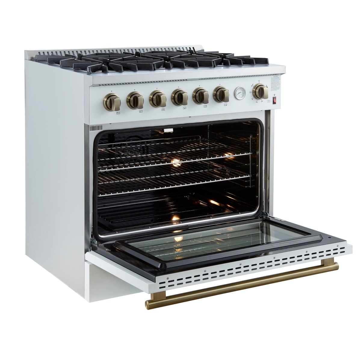 Marco 36-Inch Gas Range White & Antique Brass Design, 6 Burners 67,000 BTU, 5.36 cu.ft. Convection Oven - BonPrix Électroménagers
